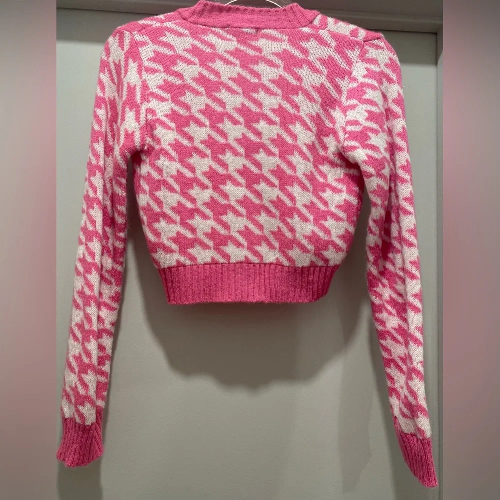 NastyGal Got Knit Right Barbiecore Pink & White Houndstooth Cropped Cardigan - S - Picture 15 of 17